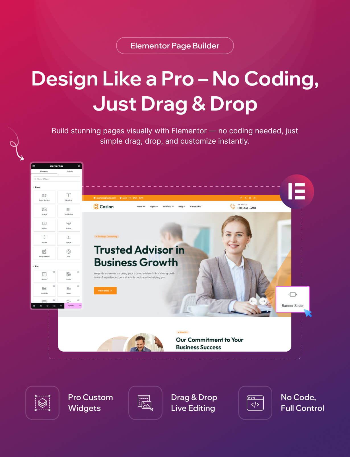 Elementor visual editor interface showing drag-and-drop customization