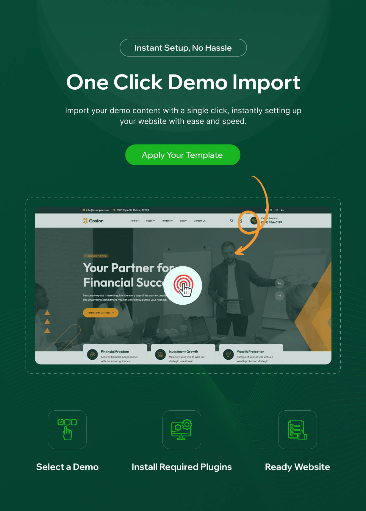 One-click demo import interface with template selection